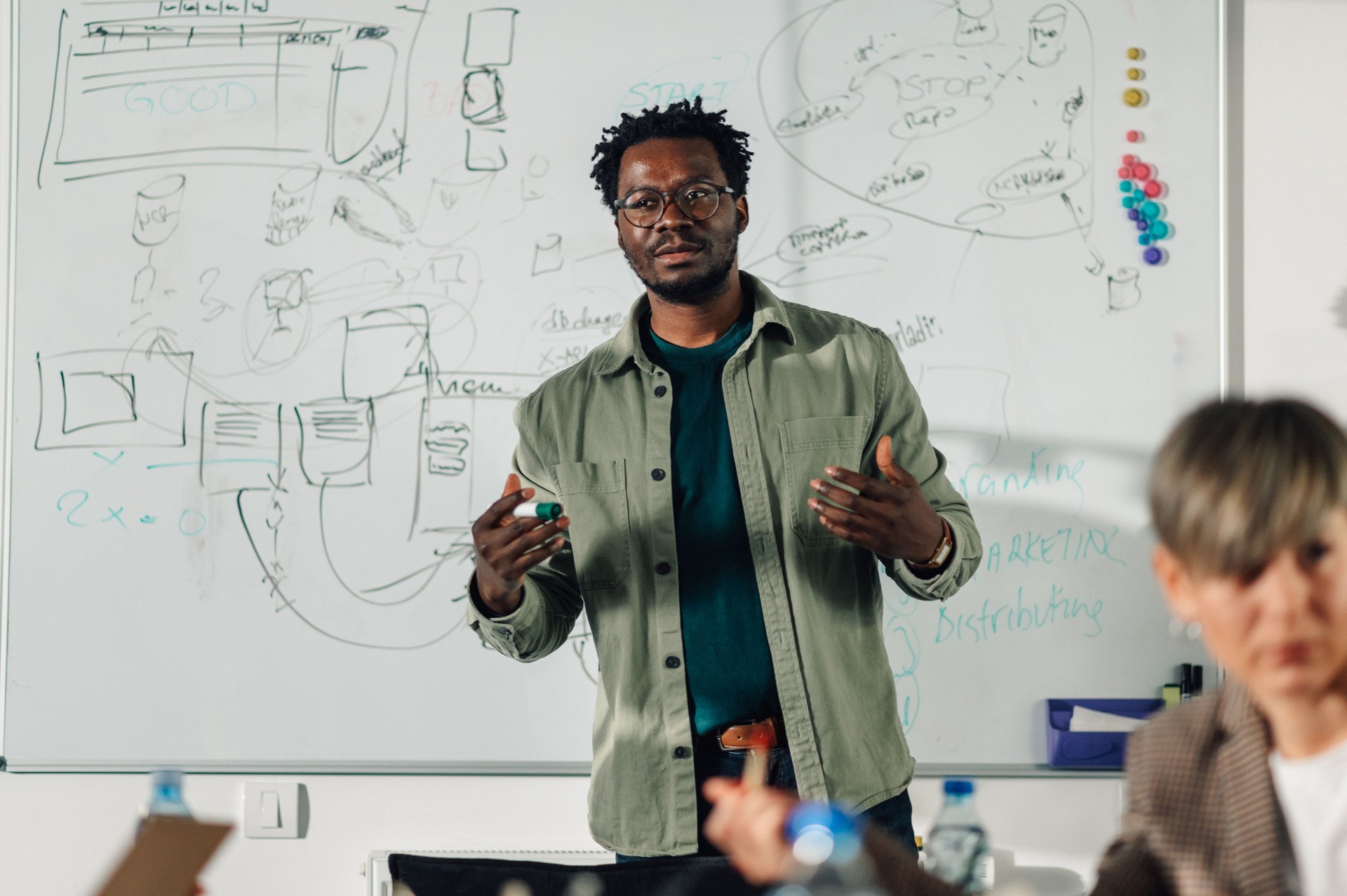 Confident male project manager leading brainstorming session with team in office